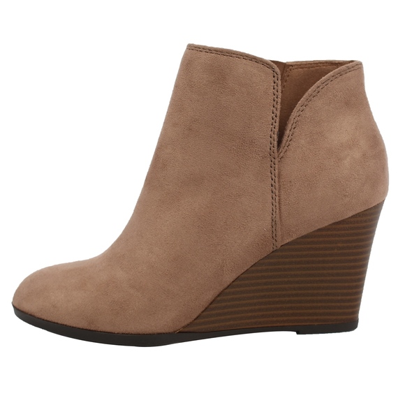 Shoes - Taupe Faux Suede V cut Stacked Wedge Ankle Bootie